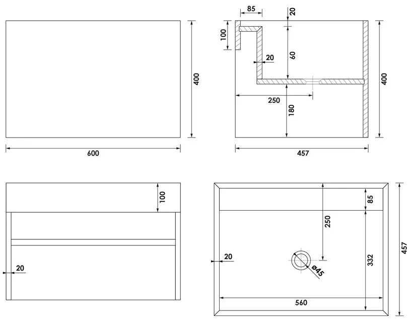 Brauer Nova vrijhangende wastafel marmerlook 60cm zonder kraangat nero marquina