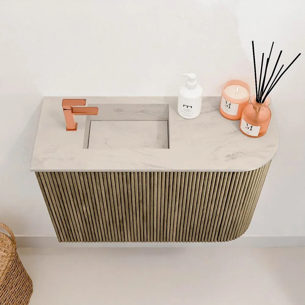 Mondiaz Joya DLux 60cm toiletmeubel ronding rechts dusk met wastafel faye links 1 kraangat opalo