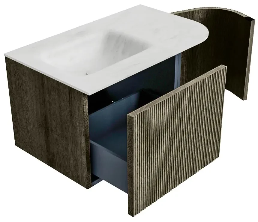 Mondiaz Kurve-dlux 75cm badmeubel ronding rechts shadow met 1 lade en deur en wastafel grunne kraangat links opalo