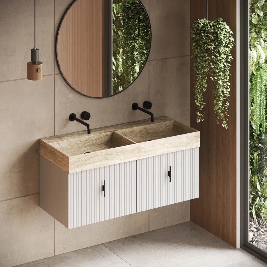 Muebles Zahora badmeubel ribbelfront 120cm wit mat met White Travertin wastafel zonder kraangaten