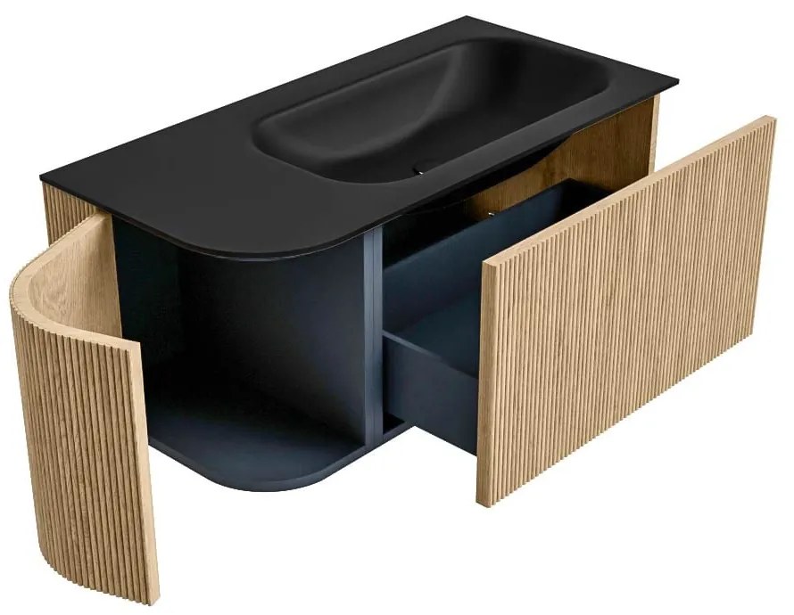 Mondiaz Kurve 95cm badmeubel ronding links oak met 1 lade en deur en wastafel big small rechts zonder kraangat urban