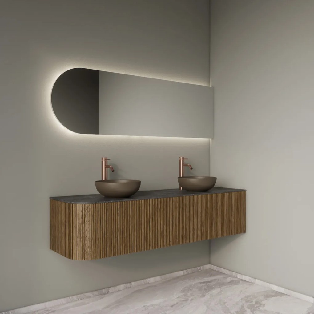 Gliss Design Alluro badmeubel ribbelfront met ronding links 160cm castle brown en zwart leisteen toppaneel