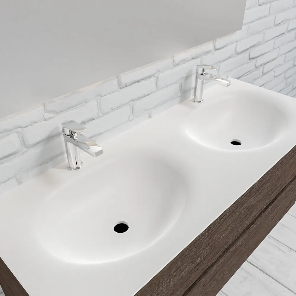 Zaro Sevilla Solid Surface badmeubel 120cm donker eiken 2 kraangaten dubbele spoelbak met 2 lades