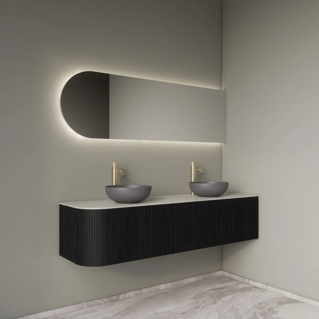 Gliss Design Alluro badmeubel ribbelfront met ronding links 160cm black en wit marmer toppaneel