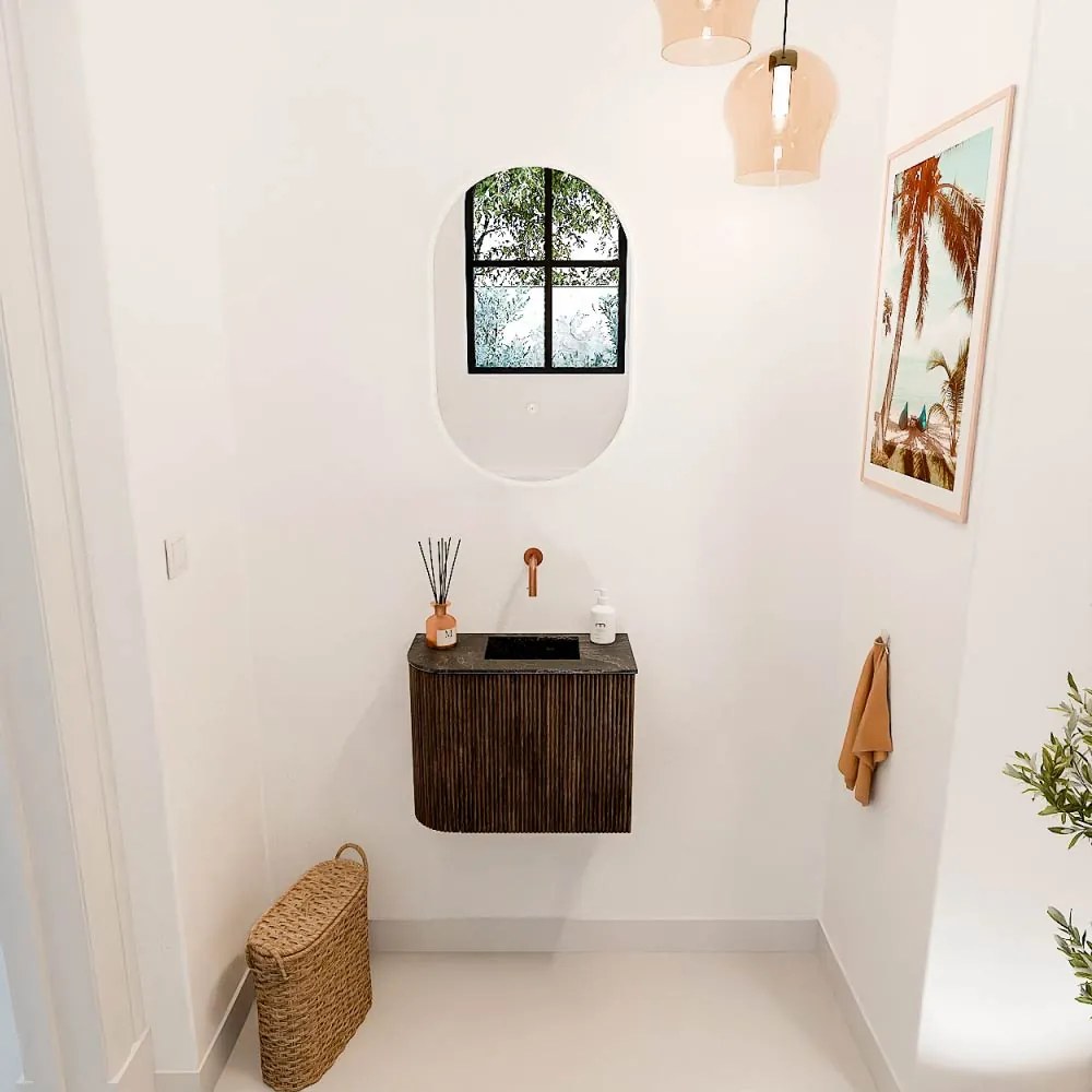 Mondiaz Joya DLux 50cm toiletmeubel ronding links walnut met wastafel faye rechts zonder kraangat lava
