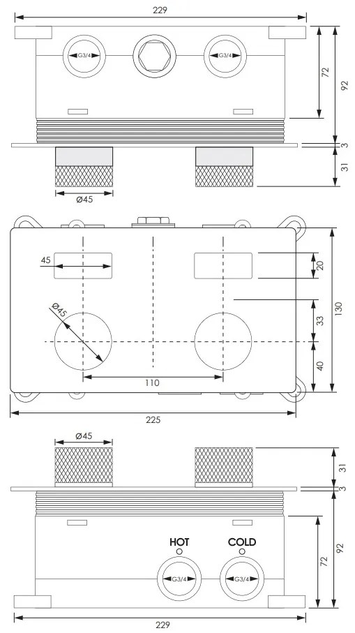 Brauer Brushed Carving 2-weg inbouwthermostaat met drukknoppen RVS geborsteld PVD