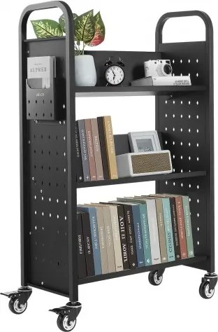 VEVOR Boekenwagen, draagvermogen 150 kg, Bibliotheekwagen, 77 x 38 x 122 cm, enkelzijdige V-vormige boekenplank met dubbele remwielen, Boekenplankwagen voor woonkamer, kantoor, school, zwart
