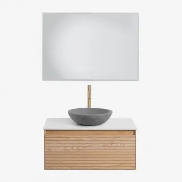 Tedrik Zwevend Badkamermeubelset Van Essenhout Ash Brown & Rond Grijs Cement Ø40 Cm Tarsis & Rechthoekige Led En Anticondens 100x70 Cm - Sklum