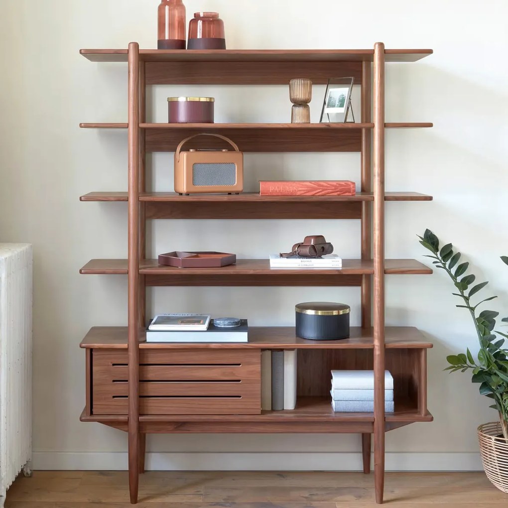 Kave Home Carolin Walnoot Stellingkast Vintage Retro Design - 130x41x169cm.