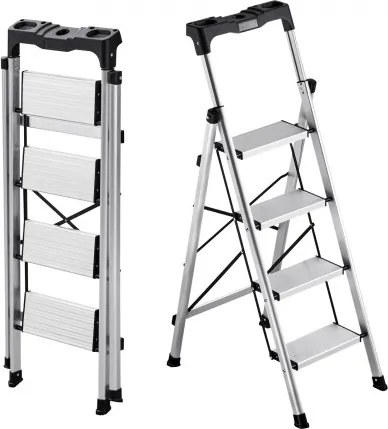 VEVOR 4-treden opvouwbare ladder met antislip treden en comfortabele handgreep, huishoudladder met een draagvermogen van 150 kg, aluminium veiligheidsladder voor keuken, huis, magazijn en kantoor, zilverkleurig