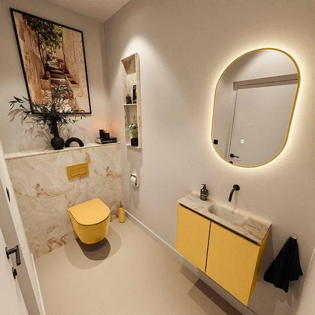 MONDIAZ TURE-DLUX 60cm toiletmeubel Ocher. EDEN wastafel Frappe positie rechts. Zonder kraangat. TUREDX60OCHR0FRA