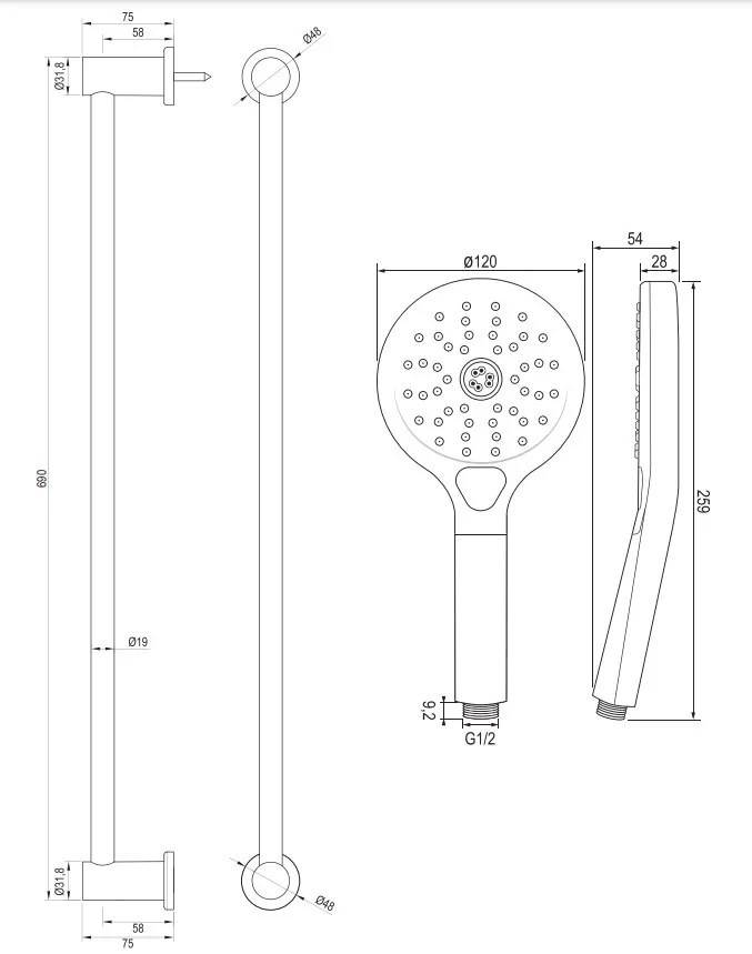 Brauer Chrome Edition thermostatische badkraan met glijstang en 3 standen handdouche chroom