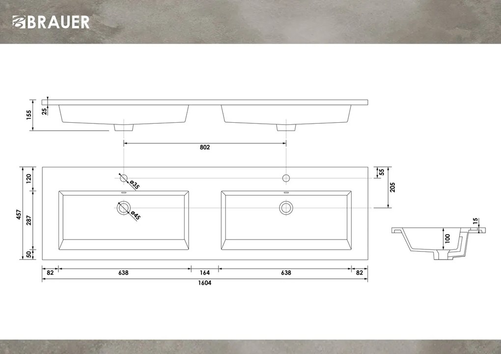 Brauer Solar Slim dubbele wastafel mineraalmarmer 160cm met 2 kraangaten wit glans