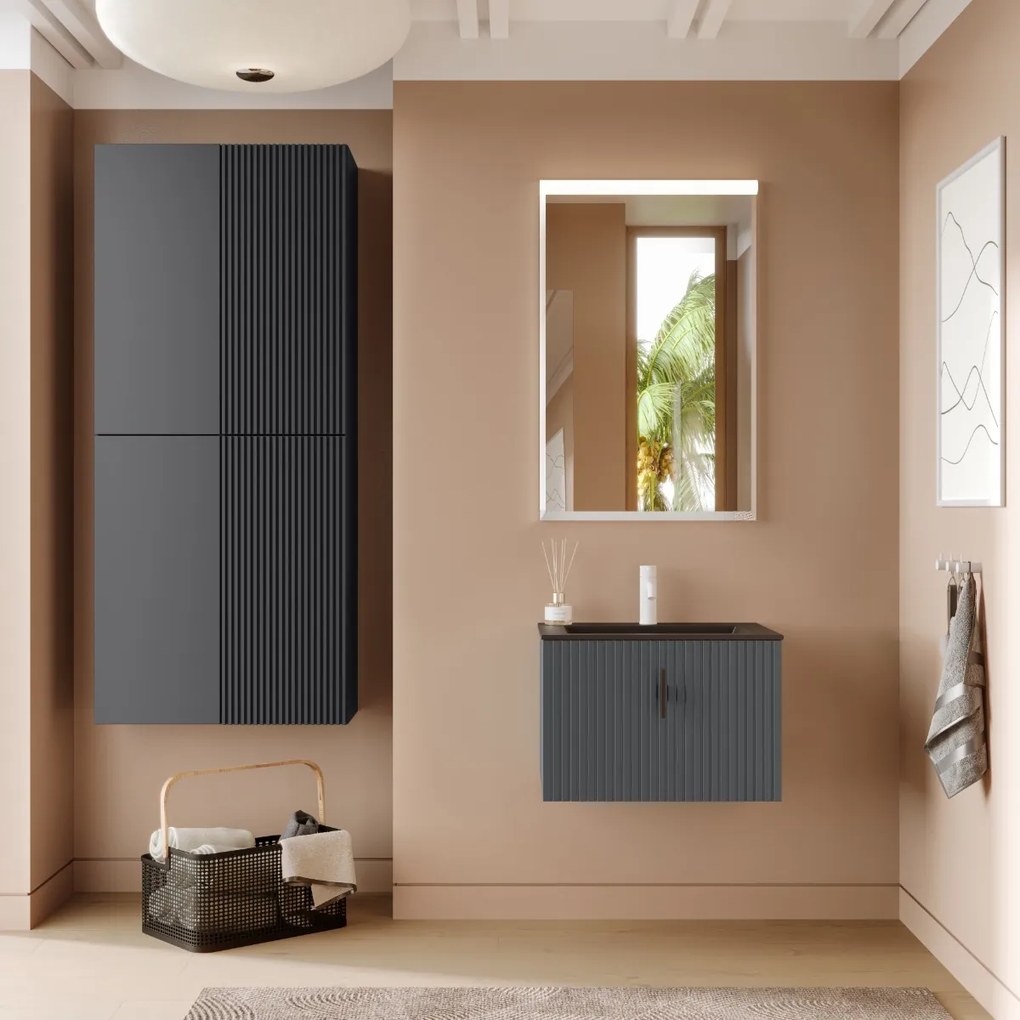 Muebles Raya badmeubel ribbelfront 60cm antraciet mat met zwarte wastafel met kraangat