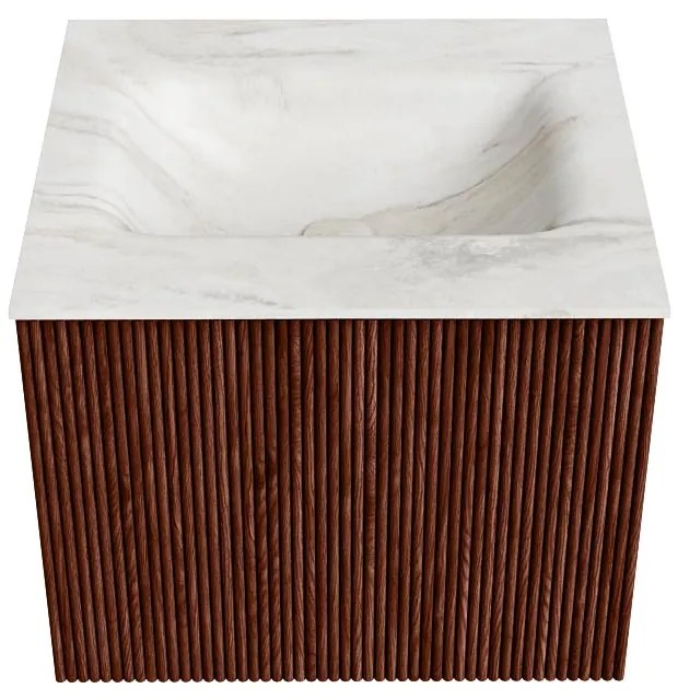 Mondiaz Kurve-dlux 50cm badmeubel ruby met 1 lade en wastafel grunne midden 1 kraangat ostra