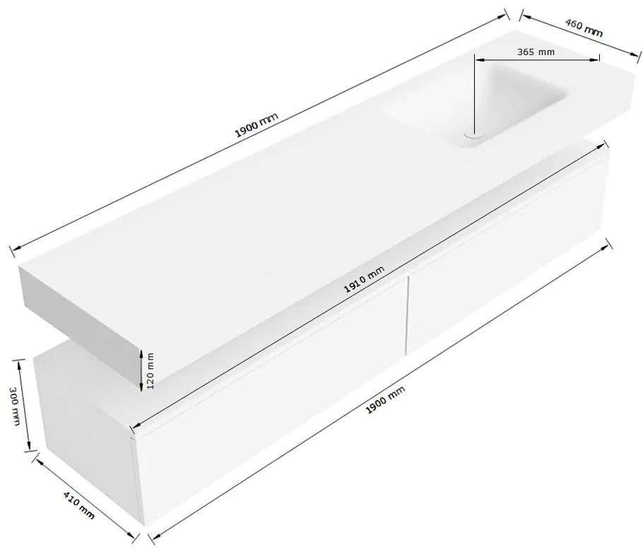 Zaro Alan badmeubel 190cm sand 2 lades met vrijhangende wastafel cloud rechts 1 kraangat talc