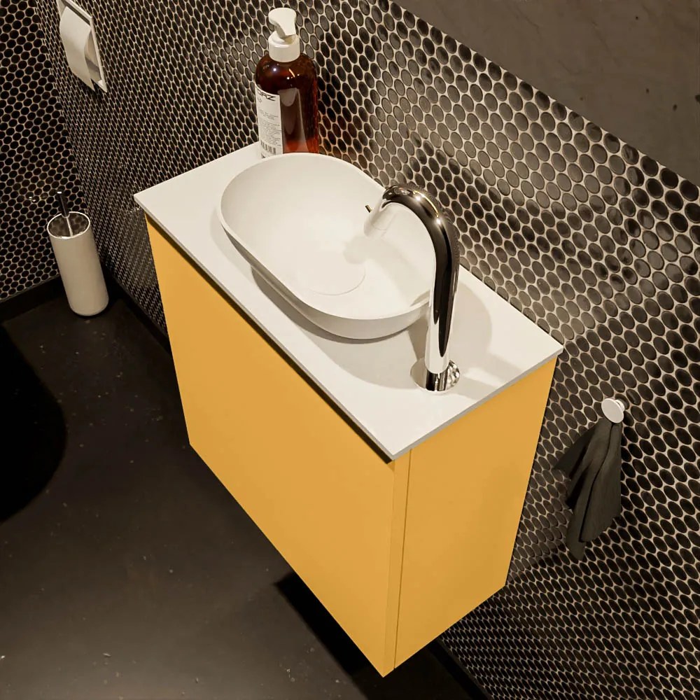 Mondiaz Fowy toiletmeubel 50cm ocher met witte waskom rechts en kraangat