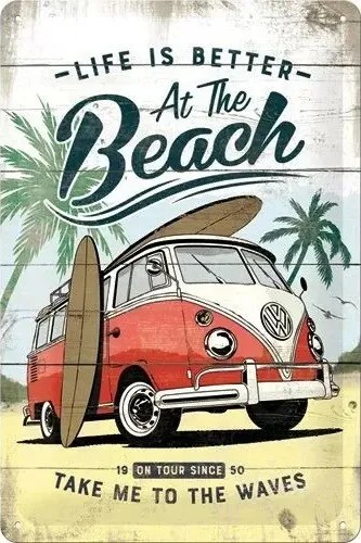 Metalen bord Volkswagen VW - T1 - At the Beach