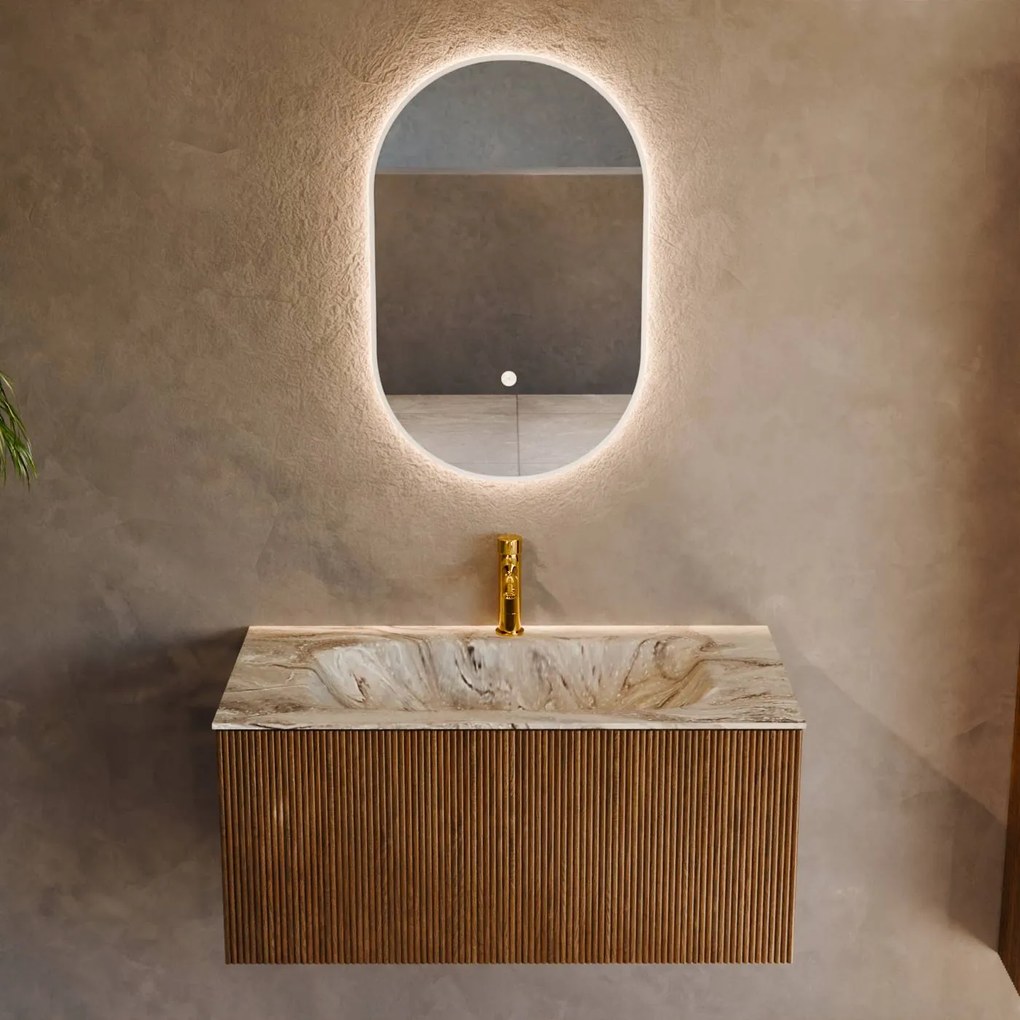 Mondiaz Kurve-dlux 90cm badmeubel dusk met 1 lade en wastafel big small midden 1 kraangat glace