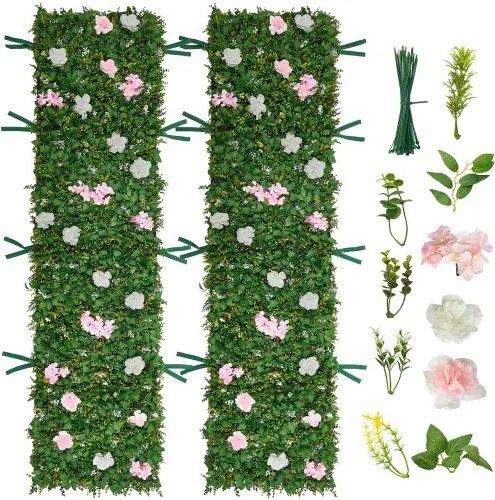 VEVOR Kunsthaag 2,4 m x 61 cm 2 stuks, Plantenwand, PE Privacyscherm, Privacyhek met Zijden Bloemen, Heg, Kunstplanten Balkonbekleding voor Bruiloften, Buitentuinen, Achtertuinen