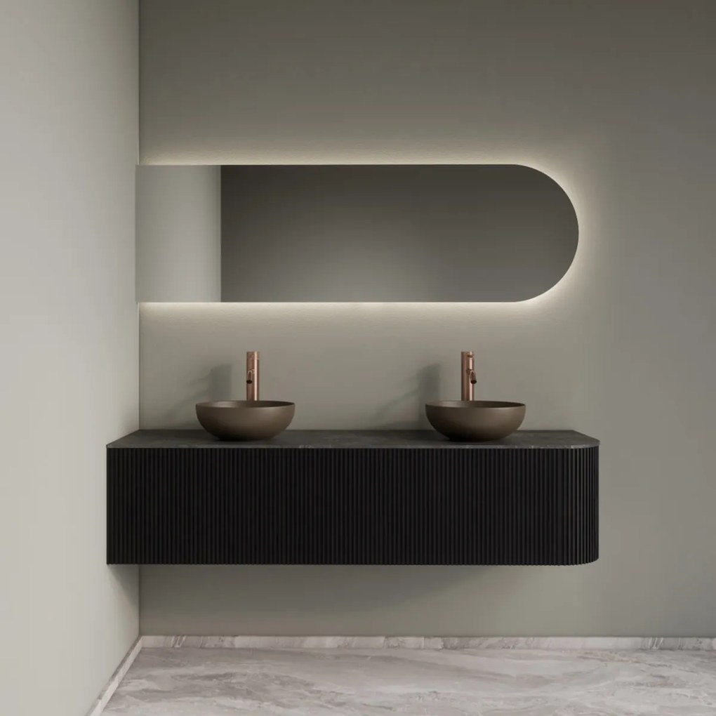 Gliss Design Alluro badmeubel ribbelfront met ronding rechts 160cm black en zwart leisteen toppaneel