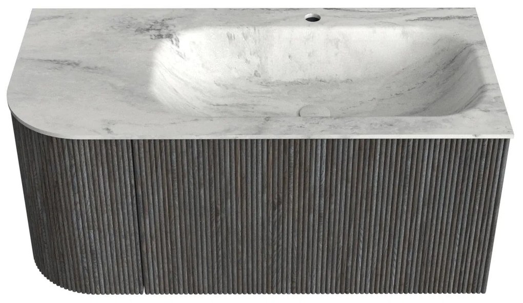 Mondiaz Kurve-dlux 95cm badmeubel ronding links shadow met 1 lade en deur en wastafel big small kraangat rechts opalo