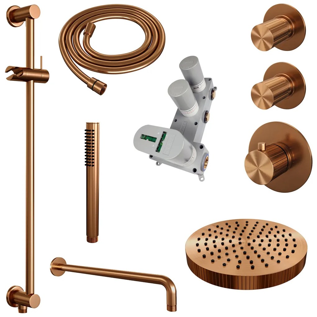 Brauer Stripe inbouw regendouche met 25cm hoofddouche, gebogen muurarm, staafhanddouche en glijstang set 8 koper geborsteld PVD