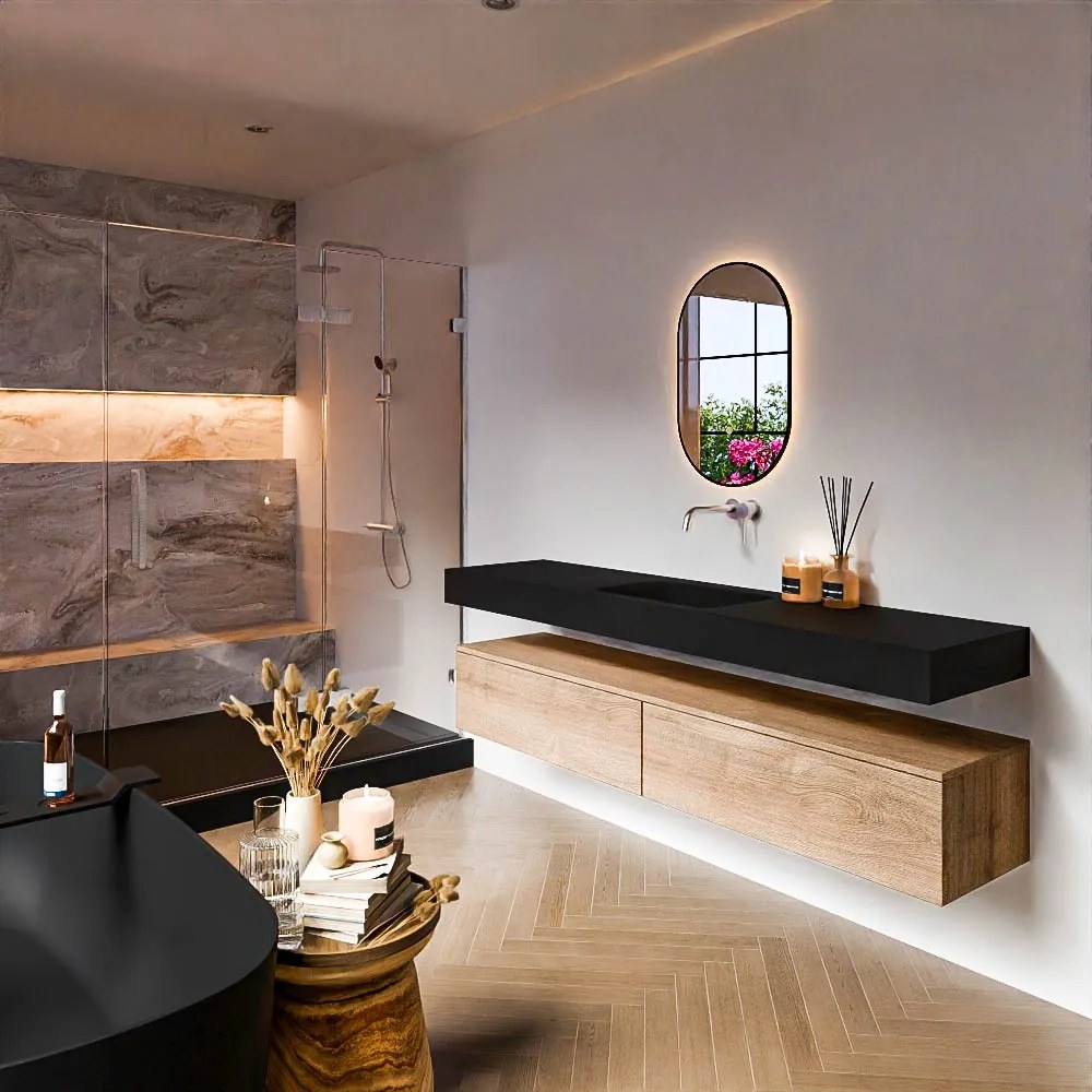 Zaro Alan badmeubel 190cm washed oak 2 lades met vrijhangende wastafel cloud midden zonder kraangat urban