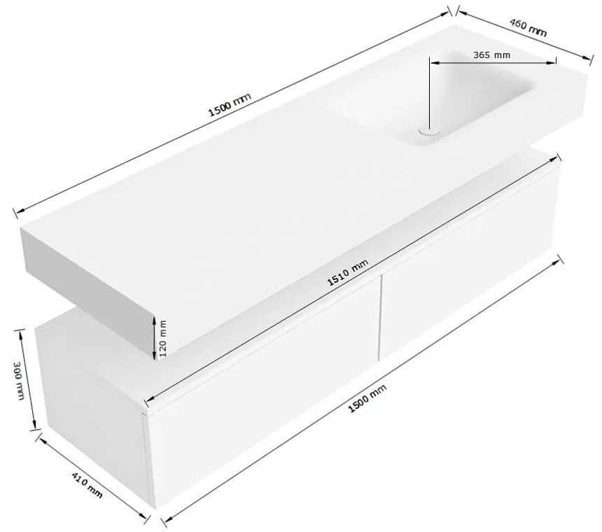 Zaro Alan badmeubel 150cm sand met 2 lades en vrijhangende wastafel rechts met kraangat wit mat