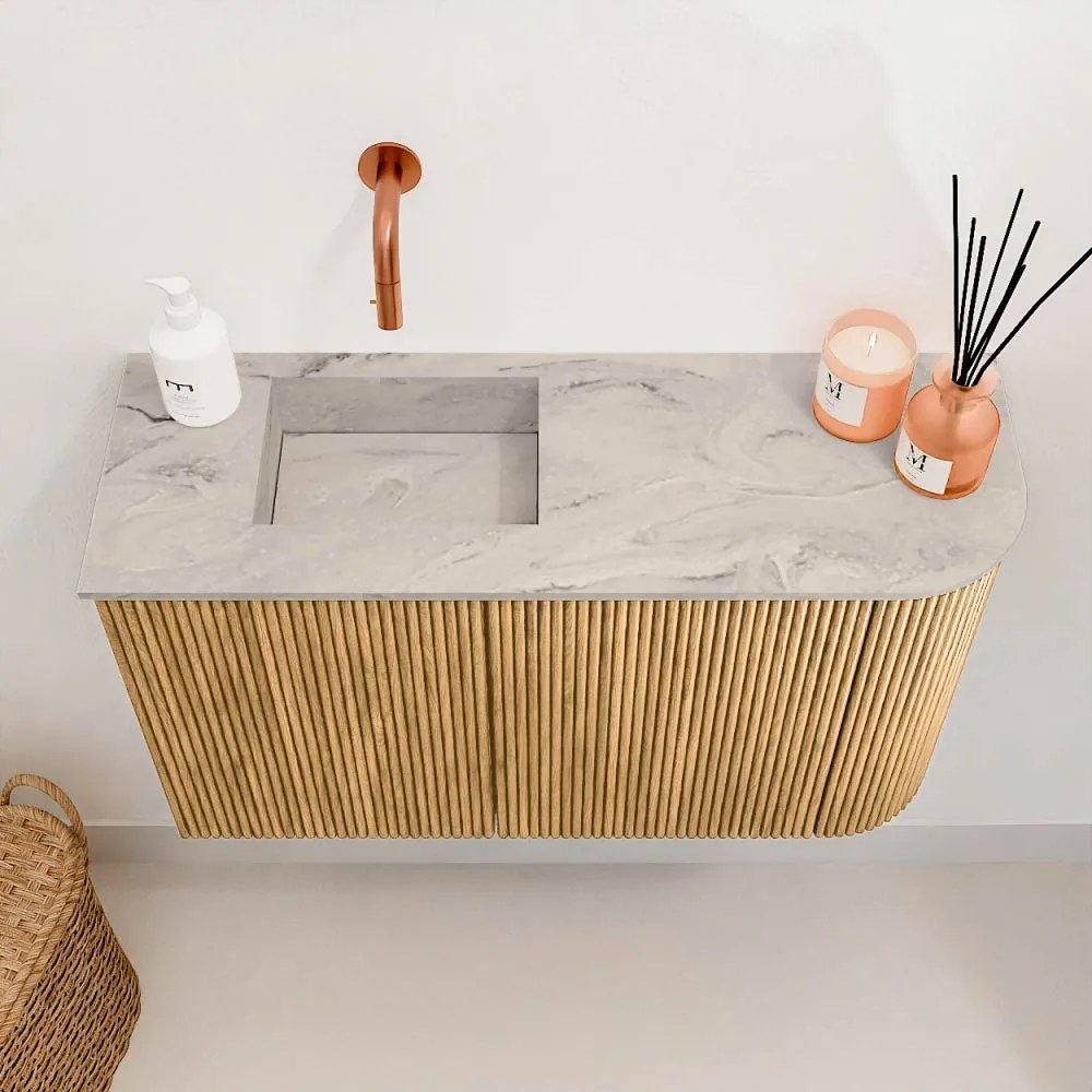 Mondiaz Joya DLux 70cm toiletmeubel ronding rechts oak met wastafel faye links zonder kraangat glace