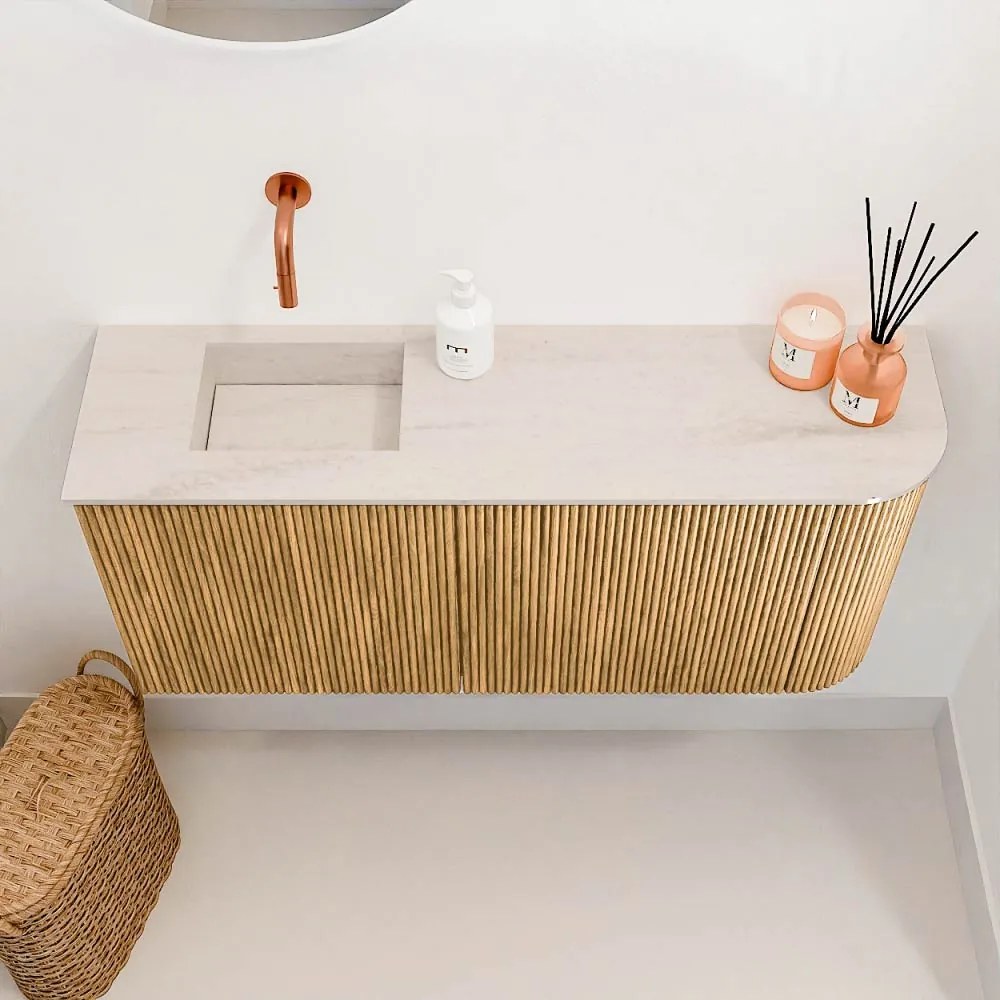 Mondiaz Joya DLux 90cm toiletmeubel ronding rechts oak met wastafel faye links zonder kraangat meli