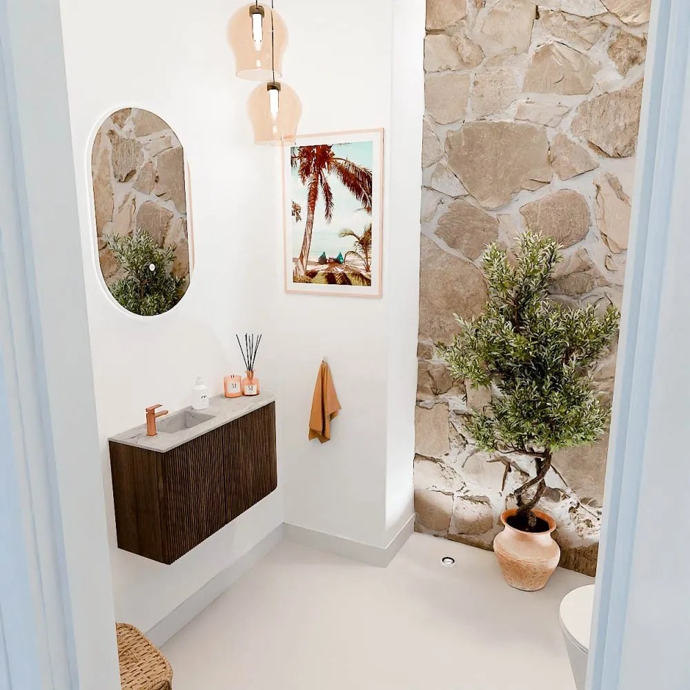 Mondiaz Joya DLux 70cm toiletmeubel ronding rechts walnut met wastafel faye links 1 kraangat glace