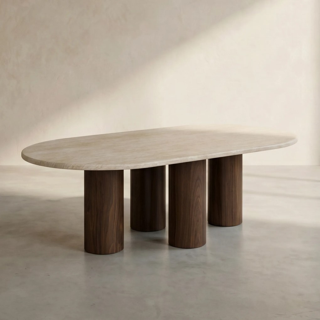 Salontafel Travertin Met Walnoot Poten - 130 X 70cm.