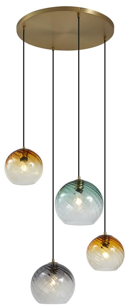 Hanglamp brons met smoke amber en groen glas rond 4-lichts - Bao Art Deco E27 Binnenverlichting Lamp