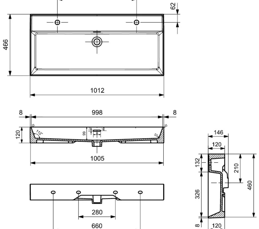 Plieger Kansas wastafel met 2 kraangaten met overloop 100x46.6cm mat wit