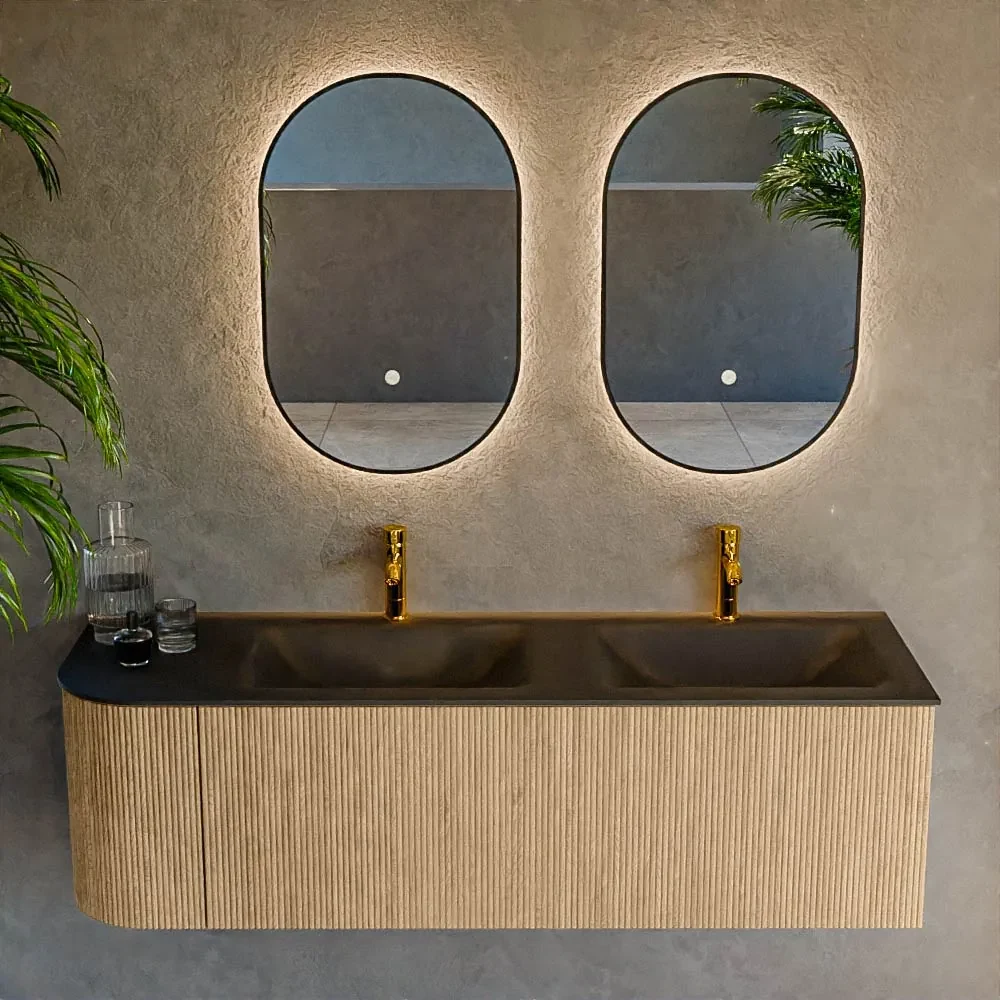 Mondiaz Kurve 145cm badmeubel ronding links oak met 1 lade en deur en wastafel cloud dubbel/rechts 2 kraangaten urban