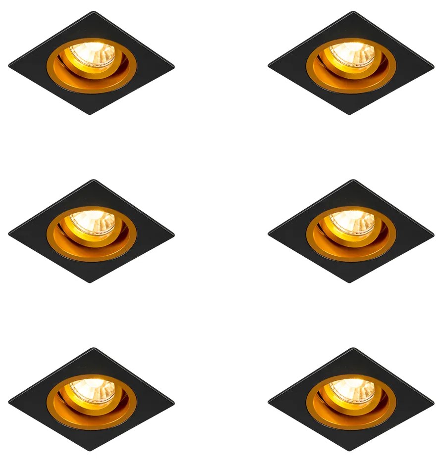 Set van 6 Inbouwspot zwart met goud 9,3 cm draai- en kantelbaar - Chuck GU10 Binnenverlichting Lamp