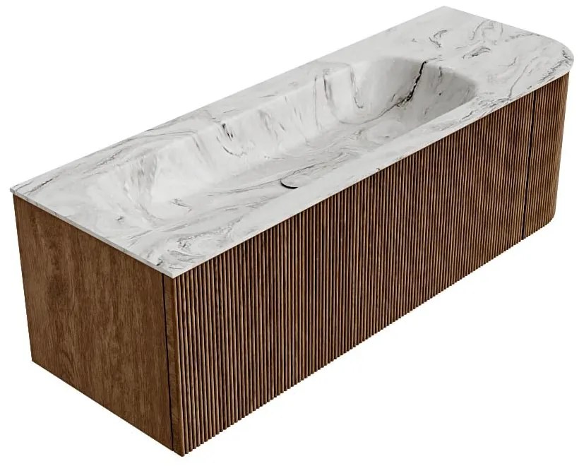 Mondiaz Kurve-dlux 135cm badmeubel ronding rechts walnut met 1 lade en deur en wastafel big medium kraangat links glace