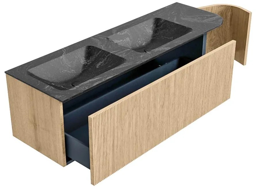 Mondiaz Kurve-dlux 145cm badmeubel ronding rechts oak met 1 lade en deur en wastafel leaf dubbel/links 2 kraangaten lava