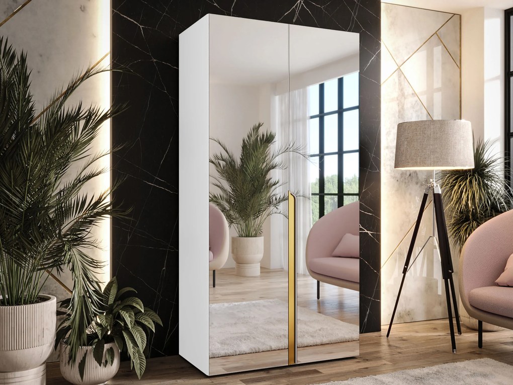 Kledingkast Hartford 589, Wit, Gouden, 202x100x52cm, 67.3 kg, Kledingkast deuren: Met scharnieren