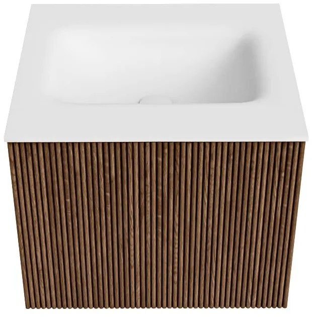 Mondiaz Kurve 50cm badmeubel walnut met 1 lade en wastafel grunne midden zonder kraangat