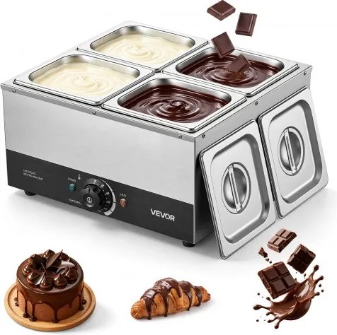 VEVOR Chocoladesmeltmachine met 4 verwijderbare roestvrijstalen containers, 1,2 kW, voor bakkerijen, patisserieën en restaurants, met temperatuurregeling 30–85 ℃, droogloopbeveiliging, chocoladetempermachine