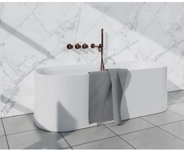 Fortifura Nebbio Badcombinatie-set - thermostaatkraan - wandaansluitbocht met handdouchehouder - metalen doucheslang - staaf handdouche - uitloop - geborsteld koper PVD (koper) SW1183069 2x SW1183076 2x SW1183082 SW970045 SW970