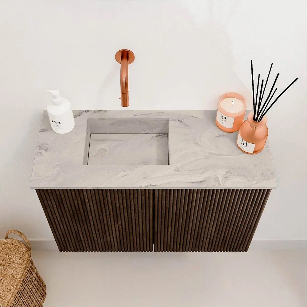 Mondiaz Joya DLux 60cm toiletmeubel walnut met wastafel faye links zonder kraangat glace