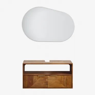 Baty Zwevend Badkamermeubelset Van Mangohout Donker Handvat Hout & Without Sink & Ovaal Led En Anticondens 100x80 Cm Riben & Zonder Kraan - Sklum