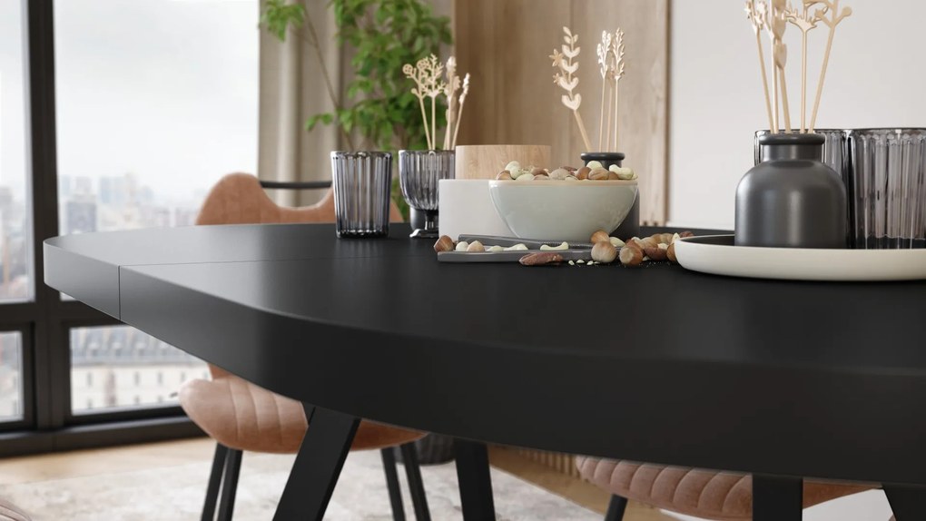 Mazzoni EXPANSO Zwart mat / zwarte poten - OVALE UITSCHUIFTAFEL 160-360 cm VOOR 16-18 PERSONEN