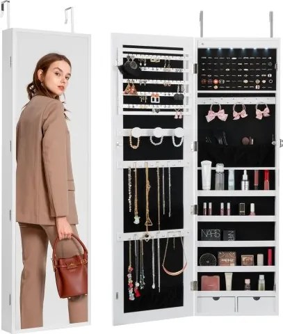 VEVOR afsluitbare sieradenkast, 1,2 m hoge sieradenspiegelkast met lange spiegel, sieradenspiegelorganizer met led-binnenverlichting, fluwelen voering en lade, wit