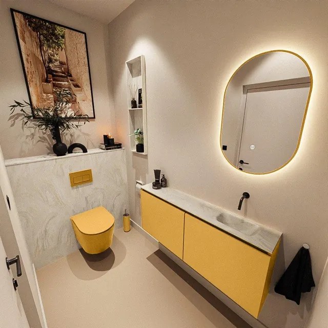 MONDIAZ TURE-DLUX 120cm toiletmeubel Ocher. EDEN wastafel Ostra positie rechts. Zonder kraangat. TUREDX120OCHR0OST