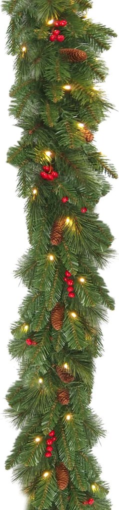 Verlichte guirlande "Everyday Pine Cone &amp; Berry" - groen - L274 x diameter 30 cm - 50 warm witte ledlampjes - met rode bessen &amp; dennenappels