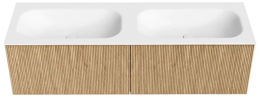 Mondiaz Kurve 150cm badmeubel oak met 2 lades en wastafel big small dubbel 2 kraangaten